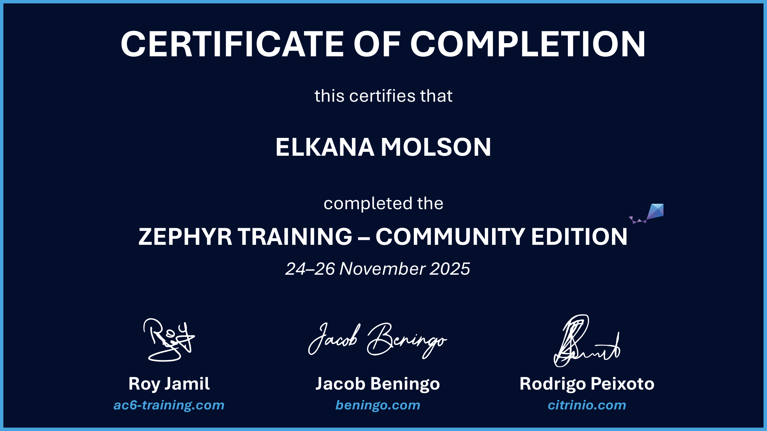 Certificate preview for Elkana Molson